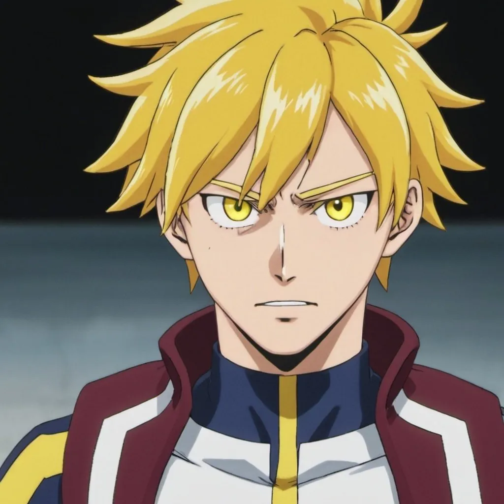 Prompt: Rai has bright yellow/gold, yellow eyes, and has a white lightning-shaped streak in his on his bangs, 5'10, and looks similar to Denki Kaminari, but is not related. my hero academia style screencap