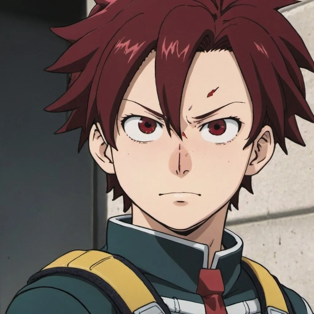 Prompt: Akira has dark red hair, and black eyes. He's usually seen in his hero uniform. he has a lightening bolt mark on his right cheek, and a large scar on the left side of his jaw. my hero academia style screencap