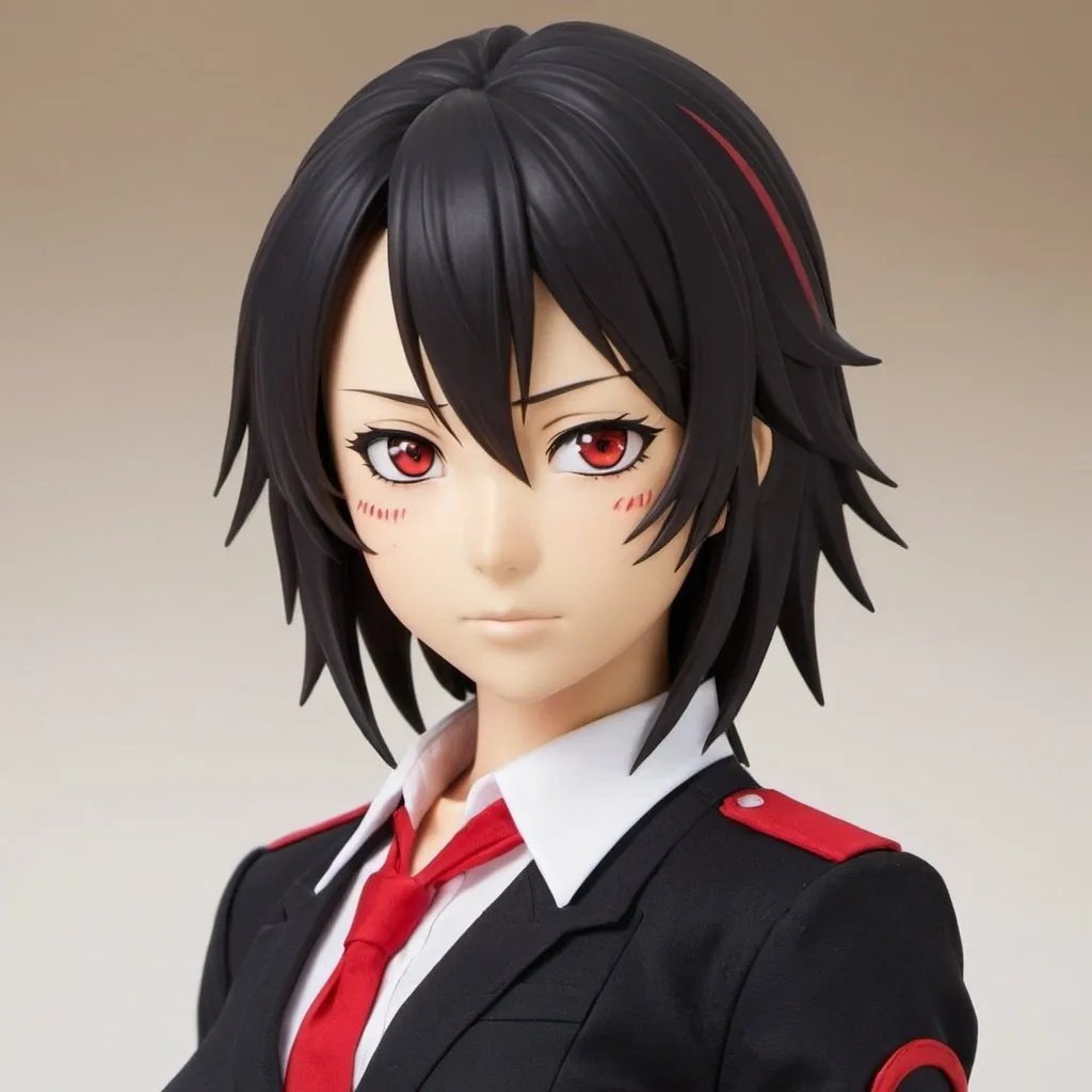 Prompt: Misaki has shoulder length black air with red streaks, slightly tanned skin, and white eyes. she has red ring that resemble Keigo Tamaki's