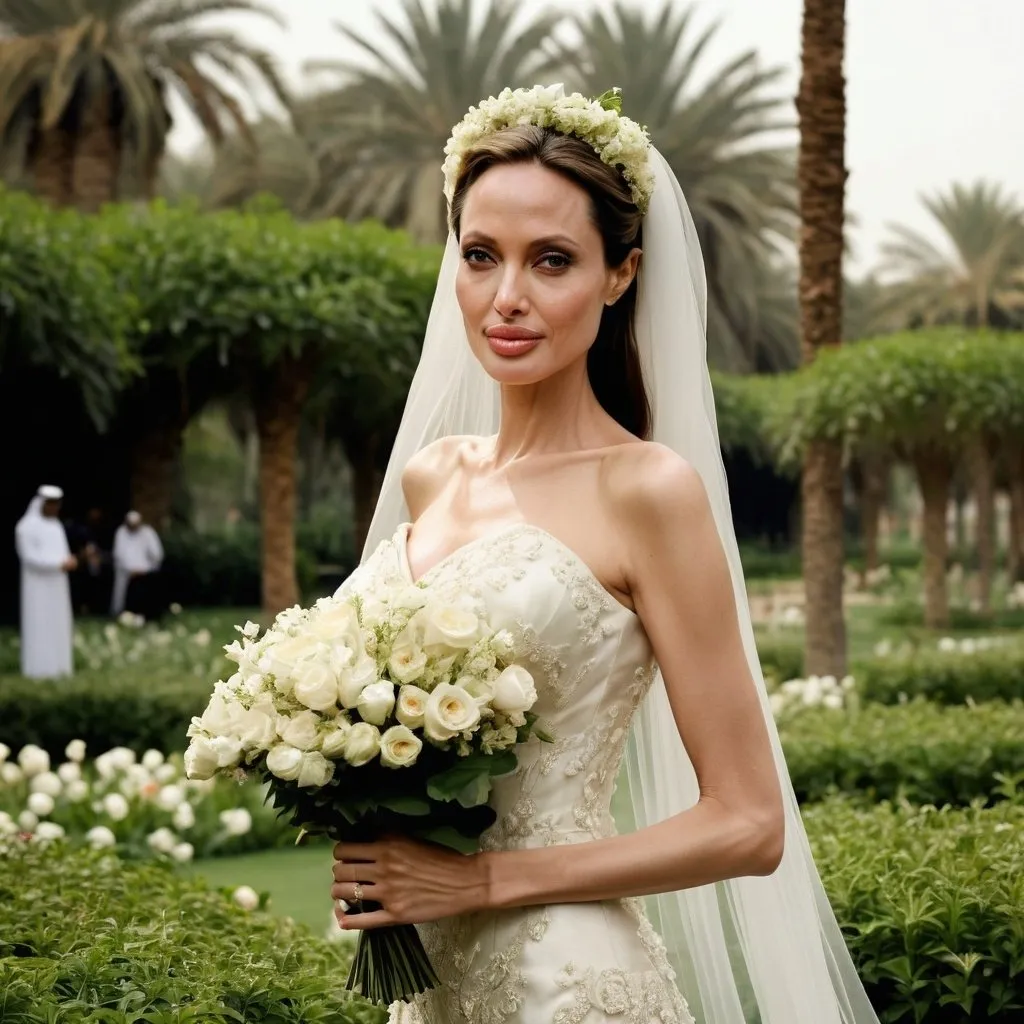 Prompt: Actress Angelina Jolie at the age of 25 in a very beautiful lush couture wedding dress on her head photo holding a small bouquet in a beautiful park where a lot of flowers in the dress can be seen down to the bottom maximum detail beautiful perspective flowers As in Dubai garden