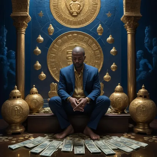 Prompt: (cinematic image of a contemplative figure), deep in thought, surrounded by symbolic representations of money, religious icons, and freedom motifs, atmospheric lighting creating a reflective mood, rich tones of blue and gold, high detail and clarity, a sense of weightiness in the air, capturing the emotional complexity of choice and individual beliefs.
