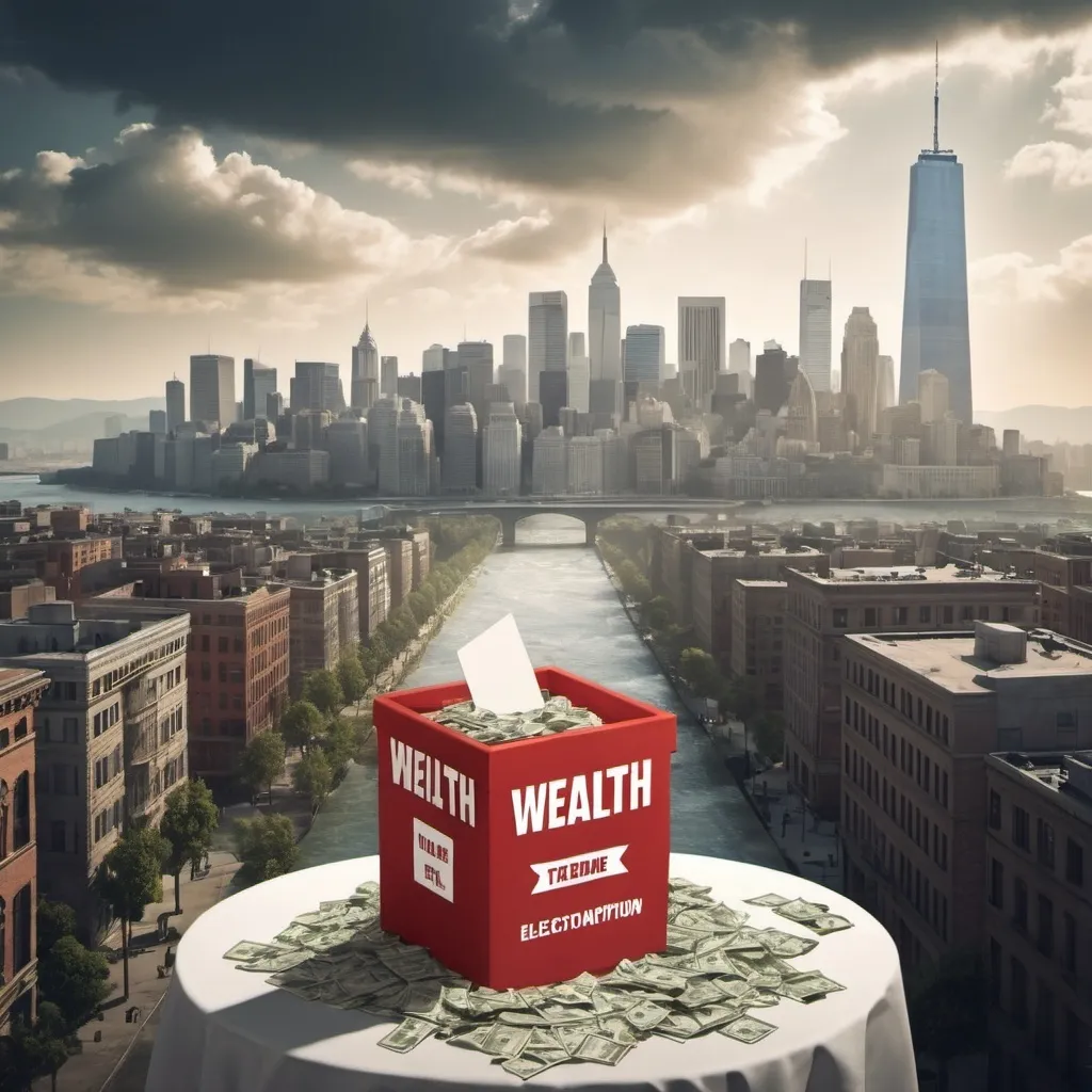 Prompt: Create an image about extreme wealth manipulating elections, including a city in the background representng power. 
