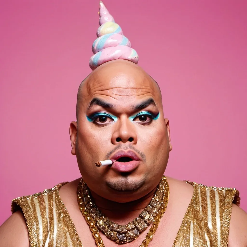 Prompt: Thierry sebastian fat rupaul bald drag race fat jfc jawa ack kalimantan medan sumatera unicorn mouth breather looksmaxxing 242kg brownie pop smoke poop