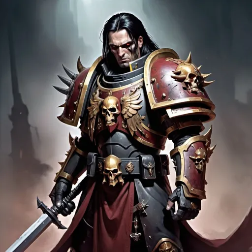 Prompt: Create portrait in warhammer 40k style, man in his 30 years old with black mid hair and a sword like weapon in his hand wearing a cool dark red amor 


