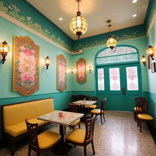 Prompt: Create a Peranakan themed cafe inside a Peranakan themed museum make entrance version
