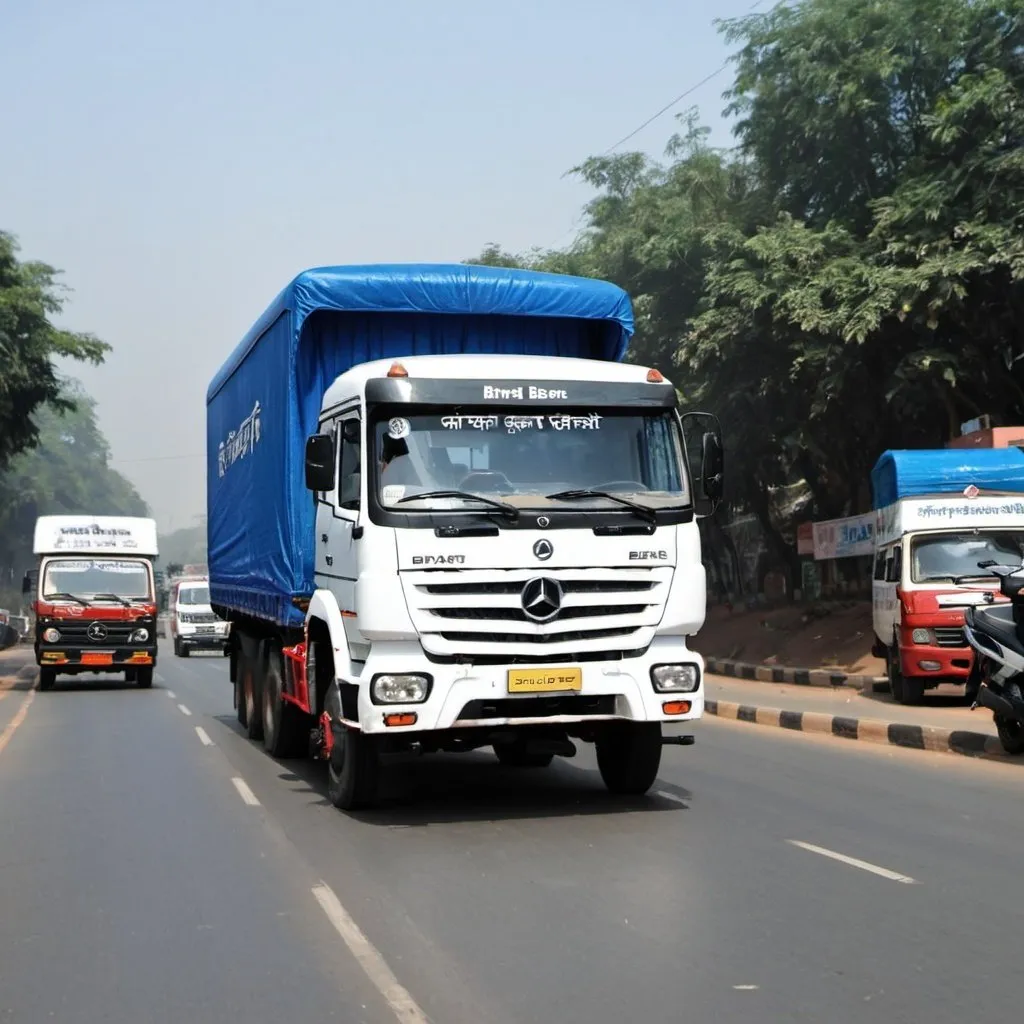 Prompt: Bharat Benz truck in traffic road