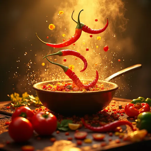 Prompt: Create a short of chillies capsicum and tomatoes being added to the pen with a sizzling sound style vibrate and colourfully