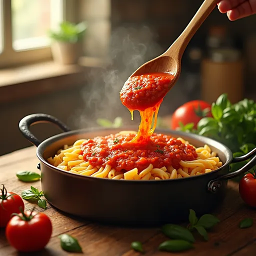 Prompt: Show pasta sauce being added to the pen with a stire to combine. style appetizing and soucy