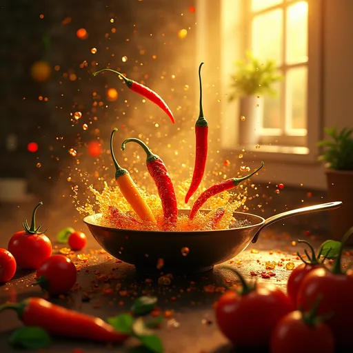 Prompt: Create a short of chillies capsicum and tomatoes being added to the pen with a sizzling sound style vibrate and colourfully