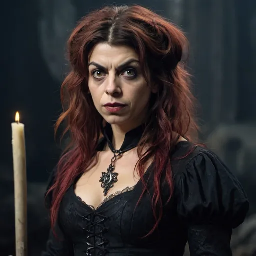 Prompt: Natalia Tena as Aradia Bartok, a gothic warrior witch in dark gothic clothing.