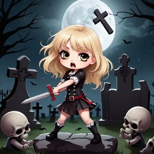 Prompt: a cute blonde chibi girl fighting vampires in a graveyard at night during a full moon with a cross in hand.