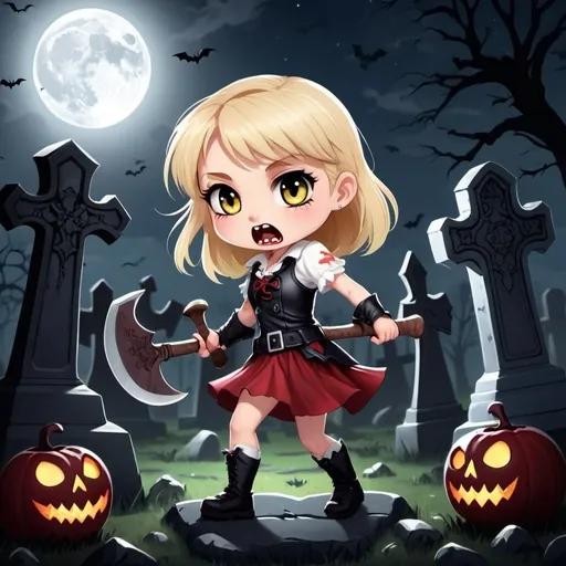 Prompt: a cute blonde chibi girl fighting vampires in a graveyard with an axe at night during a full moon.