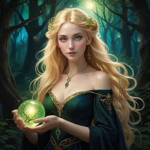 Prompt: Enchanting fantasy maiden with elvish features, pointed ears, captivating green eyes, flowing  golden blonde hair, long and wavy, delicate hands holding a swirling orb in golden, blue, pink, and green hues. Dark, shadowy forest backdrop illuminated by the orb's light, revealing glowing lights fluttering around. Tangled locks cascading around her shoulders, adorned with charms, multiple bracelets, and a black mourning gown dress. Exuding an impish aura, reminiscent of a storybook illustration, set in the nighttime ambiance. Fantasy painting, image, digital art, beautiful, elegant, stunning