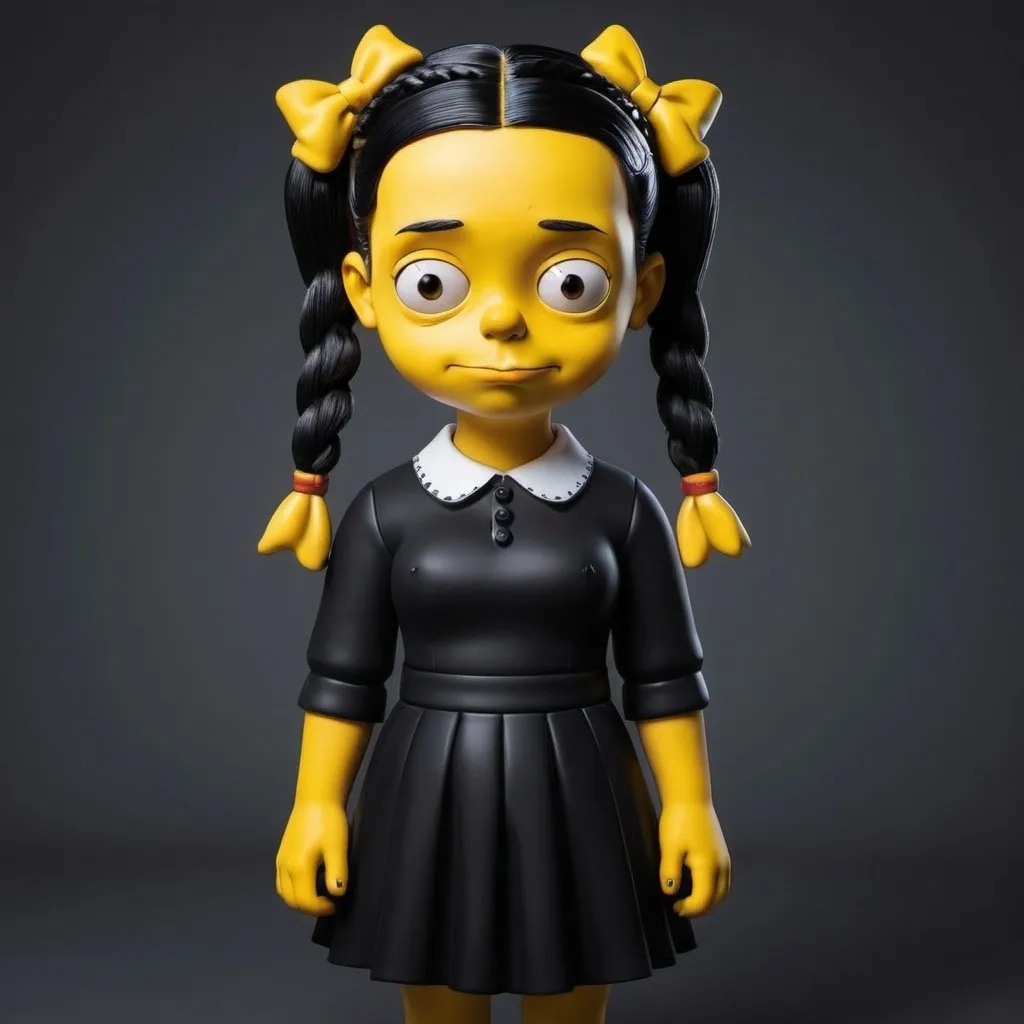 Prompt: Wednesday addams in 3d Simpson style dressed in black and with pigtails and yellow skin.