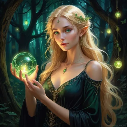 Prompt: Enchanting fantasy maiden with elvish features, pointed ears, captivating green eyes, flowing  golden blonde hair, long and wavy, delicate hands holding a swirling orb in golden, blue, pink, and green hues. Dark, shadowy forest backdrop illuminated by the orb's light, fireflies revealing glowing lights fluttering around. Tangled locks cascading around her shoulders, adorned with charms, multiple bracelets, and a black mourning gown dress. Exuding an impish aura, reminiscent of a storybook illustration, set in the nighttime ambiance. Fantasy painting, image, digital art, beautiful, elegant, stunning