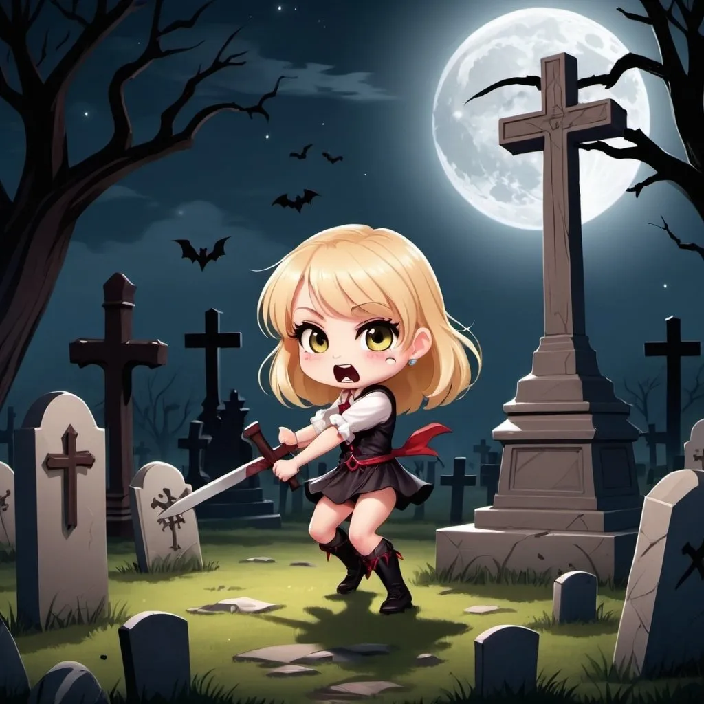 Prompt: a cute blonde chibi girl fighting vampires in a graveyard with a cross and wooden stake at night during a full moon.