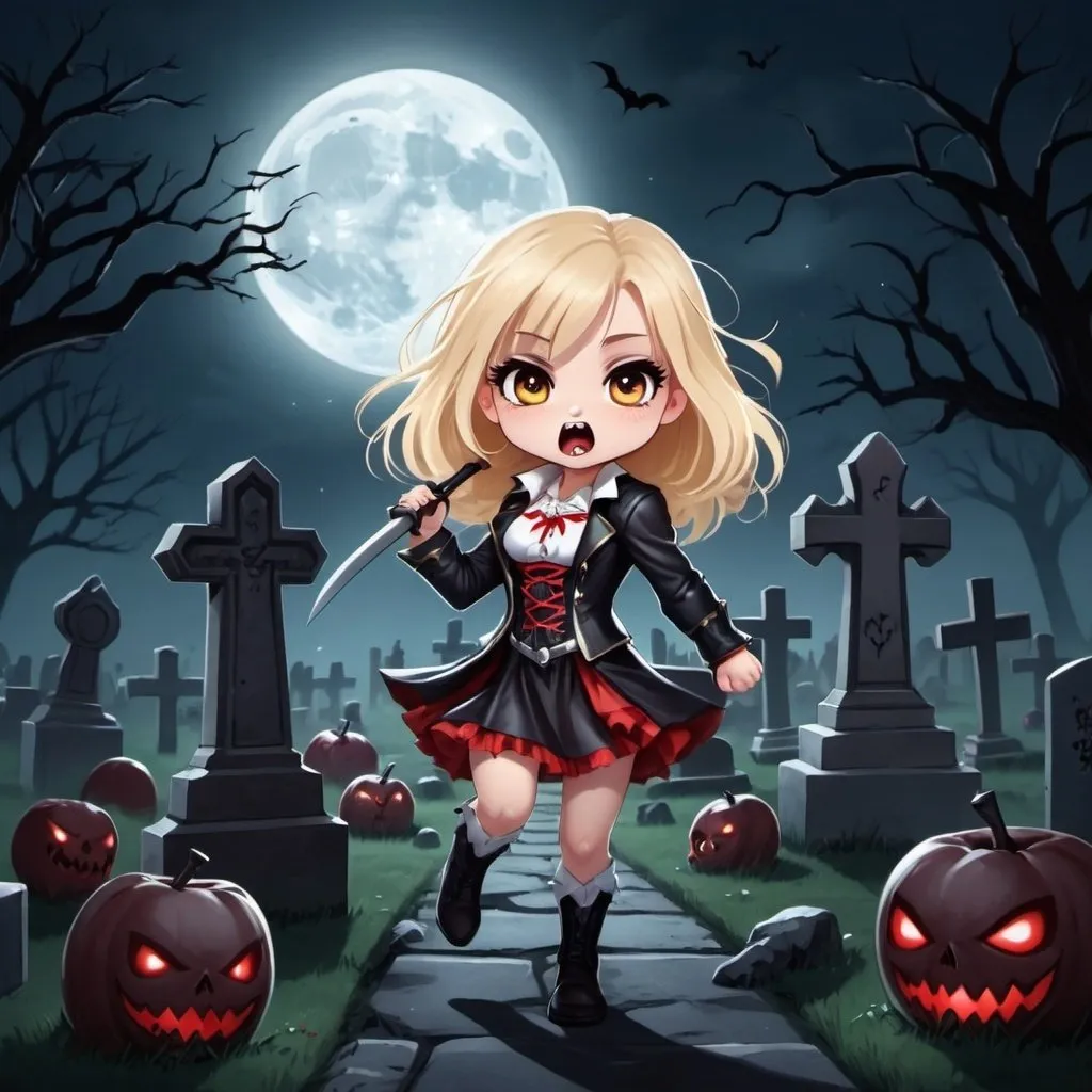 Prompt: a cute blonde chibi girl fighting vampires in a graveyard at night during a full moon 