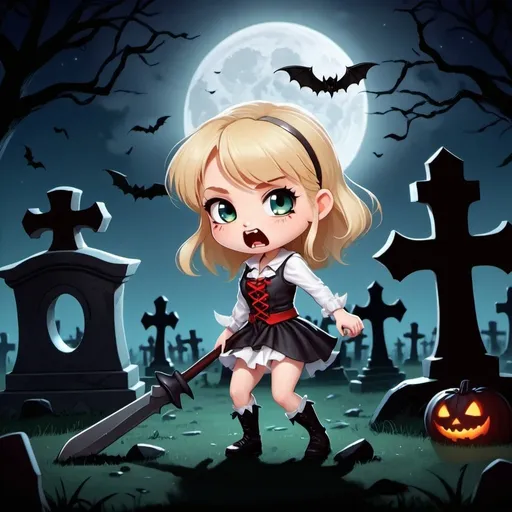 Prompt: a cute blonde chibi girl fighting vampires in a graveyard with a stake at night during a full moon.