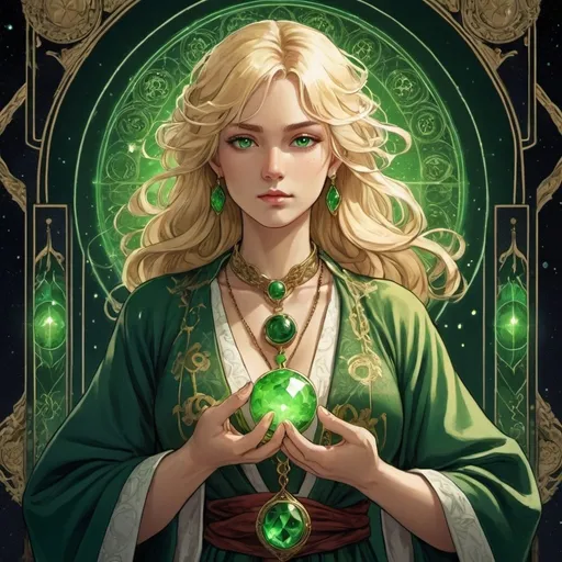 Prompt: tarot card Anime illustration, a blonde-haired woman, detailed ornate cloth robe, dramatic lighting. pendant on neck with glowing green stone.