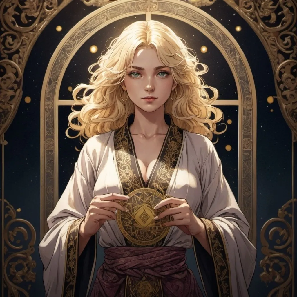 Prompt: tarot card Anime illustration, a blonde-haired woman, detailed ornate cloth robe, dramatic lighting