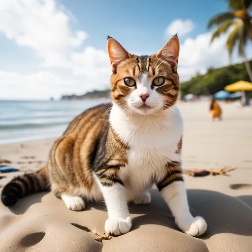 Prompt: Cat on the beach with friends 