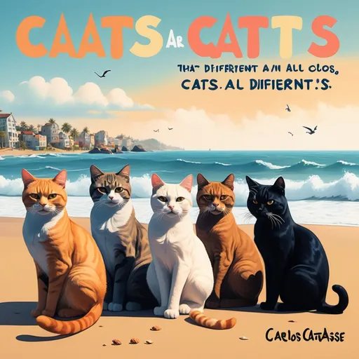 Prompt: a group of cats sitting on a beach next to the ocean and waves in the background, with a caption that reads, cats are all different colors, Carlos Catasse, serial art, trending on furaffinity, an album cover