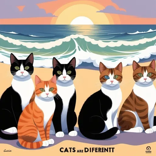 Prompt: a group of cats sitting on a beach next to the ocean and waves in the background, with a caption that reads, cats are all different colors, Carlos Catasse, serial art, trending on furaffinity, an album cover