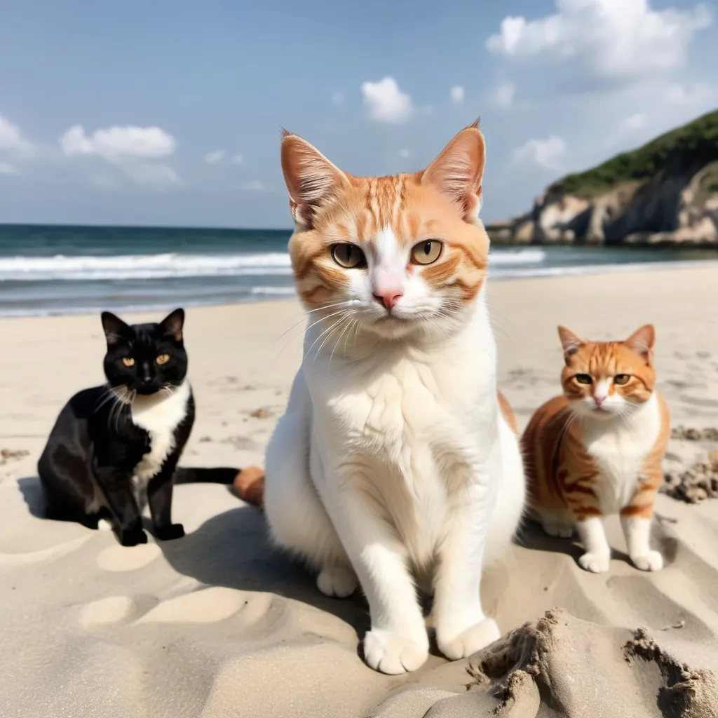 Prompt: Cat on the beach with friends 