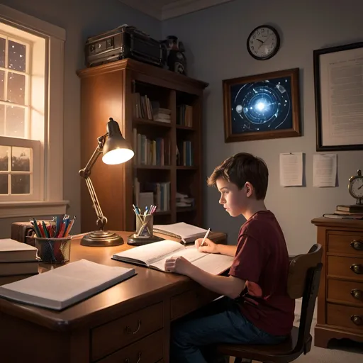 Prompt: a kid in a desk facing foraward studying limits and the background is in his bedroom and an uncomplte time machine near him even in the night hes studying it