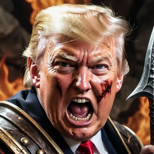 Prompt: Former President Donald Trump pictured as a dungeons and dragons character. Donald Trump is seen as a mage warrior in a close up shot. His right ear is shown grievously injured. He is holding out a waraxe  beside his wounded ear and is screaming out a battle cry. Warm colors, high fantasy, dnd, hyperrealistic, dark fantasy
