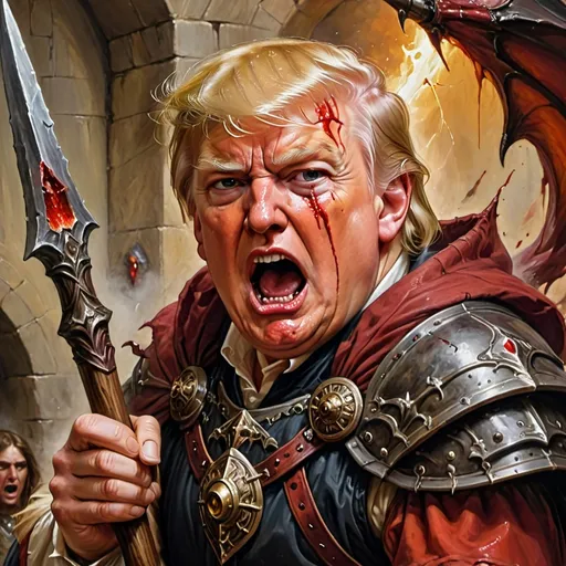 Prompt: Former President Donald Trump pictured as a dungeons and dragons character in a high renaissance styled oil painting. Donald Trump is seen as a mage warrior in a close up shot. His right ear is shown grievously injured and bloody. He is holding out a waraxe  beside his wounded ear and is screaming out a battle cry. Warm colors, high fantasy, dnd, hyperrealistic, dark fantasy, oil painting, painting, blood
