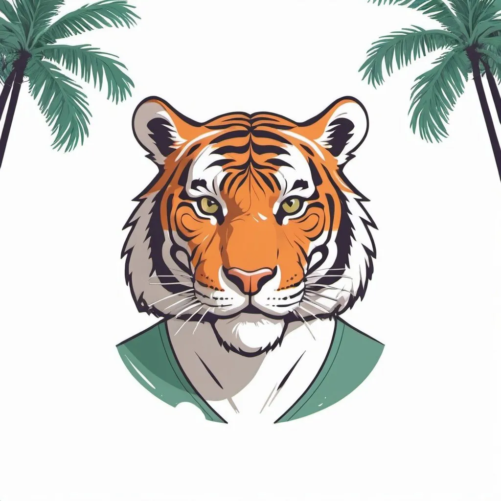 Prompt: Illustrated T-shirt design of headshot of flat tiger wearing singles with palm trees, vector, solid white background, simple color palett