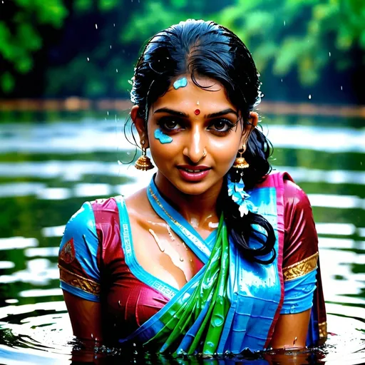 Prompt: Beautiful Indian perfect figure girl in saree draped in water completely wet with hot look on her face as if she about to kiss me