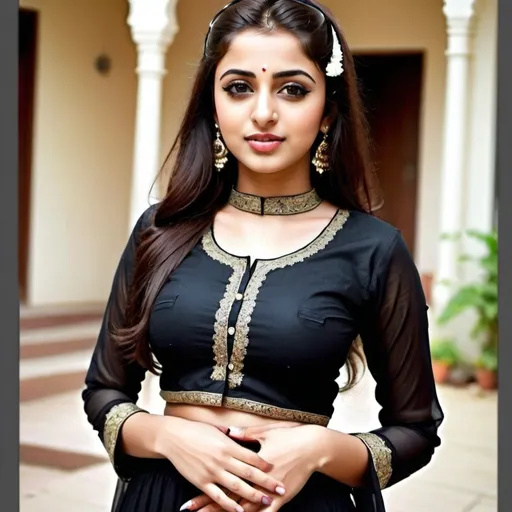 Prompt: Beautiful muslim girl in black kameez without hijaab or cover dress at her chest a crop top type with expression that can calm me
Don't include dupatta make her hairs visible and chest visible deeper 
Also open above 2 buttons of dress
Please open above 2 buttons of her dress and make image more appealing for men 