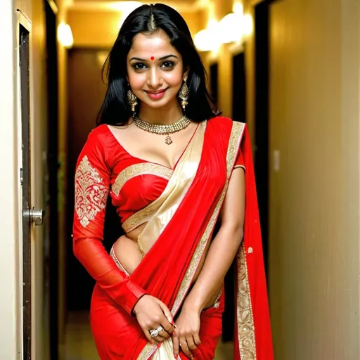 Prompt: A complete image from head to toe with Clear uncovered face of Beautiful girl from muslim family in saree with hot and sizzling facial expression which make a man fall in love with her. In a revealing dress which shows her body in a way a man wants her as a wife. She looks straight at me with a hot and loving expression on her face, her look should make a man strip her dress and kiss her body, complete image from head to toe with loving buttocks visible from somewhat side angle without compromising chest display, more loving body for a man to fall in love with her