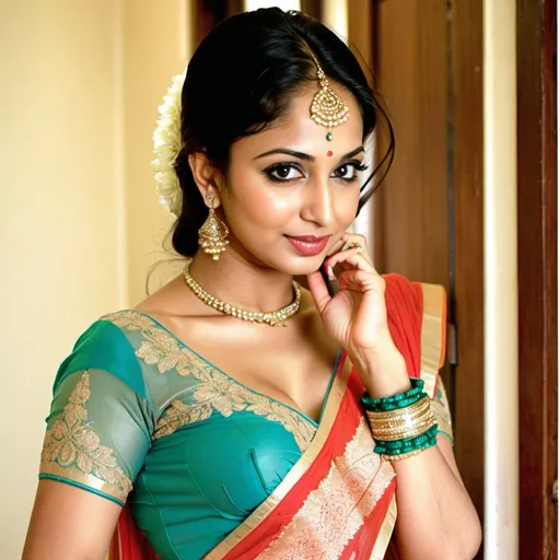 Prompt: A complete image from head to toe with Clear uncovered face of Beautiful girl from muslim family in saree with hot and sizzling facial expression which make a man fall in love with her. In a revealing dress which shows her body in a way a man wants her as a wife. She looks straight at me with a hot and loving expression on her face, her look should make a man strip her dress and kiss her body, complete image from head to toe with loving buttocks visible from somewhat side angle without compromising chest display, more loving body for a man to fall in love with her, hot face like a beautiful actress on honeymoon 