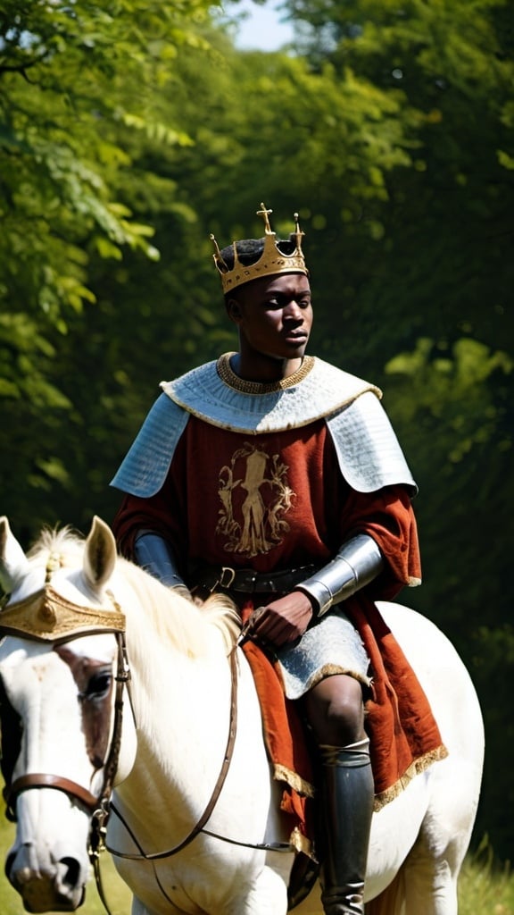 Prompt: Young African King in medieval England on a horse
 
