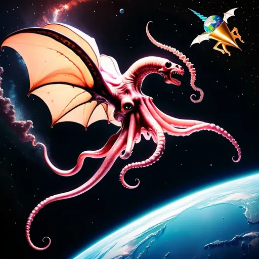Prompt: Giant space squid with a unicorn horn, bat like wings and is coming towards earth