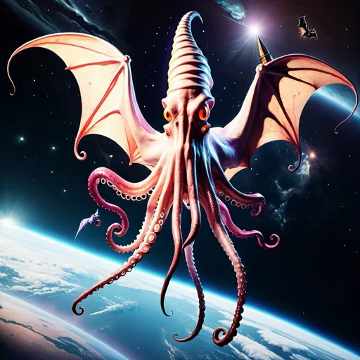 Prompt: Giant space squid with a unicorn horn, bat like wings and is coming towards earth