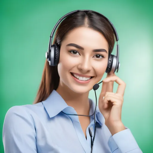 Prompt: Contact center operation excellence and process improvement in call center with quality control, green background, woman face smile, headset blue