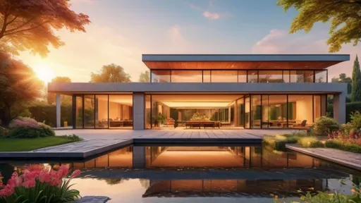 Prompt: Monolithic house with large glass windows, spacious interior, colorful garden with flowers and ornamental plants, serene pond at sunset, high-quality, detailed realism, natural lighting, warm tones, modern architecture, spacious interior, elegant design, sunset reflections on glass, detailed garden, serene atmosphere