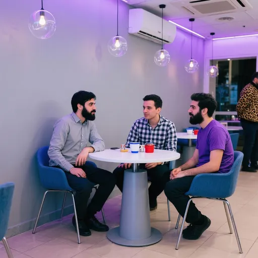 Prompt: This photograph captures three men seated at a small, round table in a modern, minimalist café. The man on the left has a dark beard and mustache, short black hair, and is wearing a light gray button-up shirt with dark pants. The middle man, with short dark hair and a clean-shaven face, wears a checkered shirt and dark pants. The man on the right has a dark beard and short black hair, and is dressed in a purple t-shirt and dark pants. They are all sitting on blue, contemporary-style chairs with metal legs, positioned closely together. The table is white with a cylindrical base and holds several small items, including a white cup with a blue rim and a small red container. The background features a light gray wall adorned with several hanging, clear, spherical light fixtures. The floor is light beige tile, and the ceiling has a white vent. The lighting in the café is a mix of natural and artificial, casting a soft purple hue over the scene. In the background, there is a glimpse of another person standing, partially visible, dressed in a leopard print jacket. The overall ambiance is casual and modern.