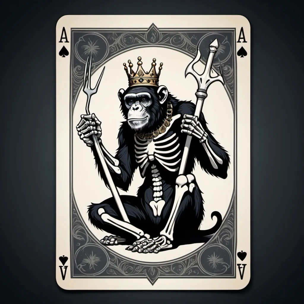 Prompt: Ace of spades playing card background with a simple skeleton chimpanzee kneeling down wearing a crown and holding a 3 prong trident pitchfork in his right hand