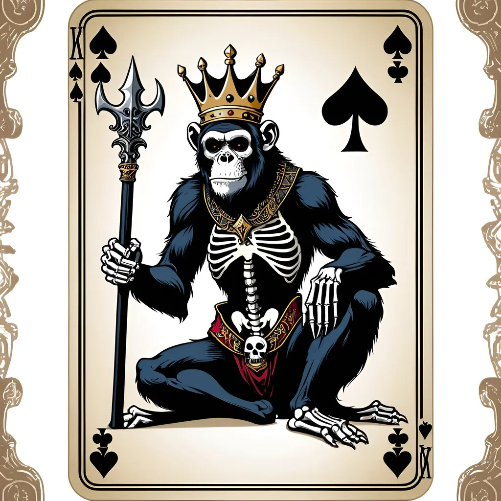 Prompt: Ace of spades playing card background with a skeleton chimpanzee on one knee wearing a crown holding a long pitchfork trident in his right hand.
