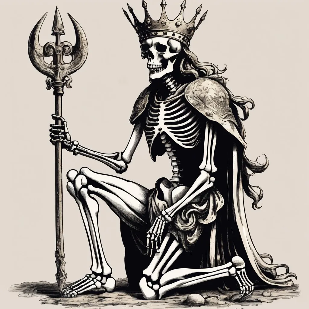 Prompt: skeleton kneeling wearing a crown, holding poseidon’s trident in his right hand and his right foot resting on top of a skull