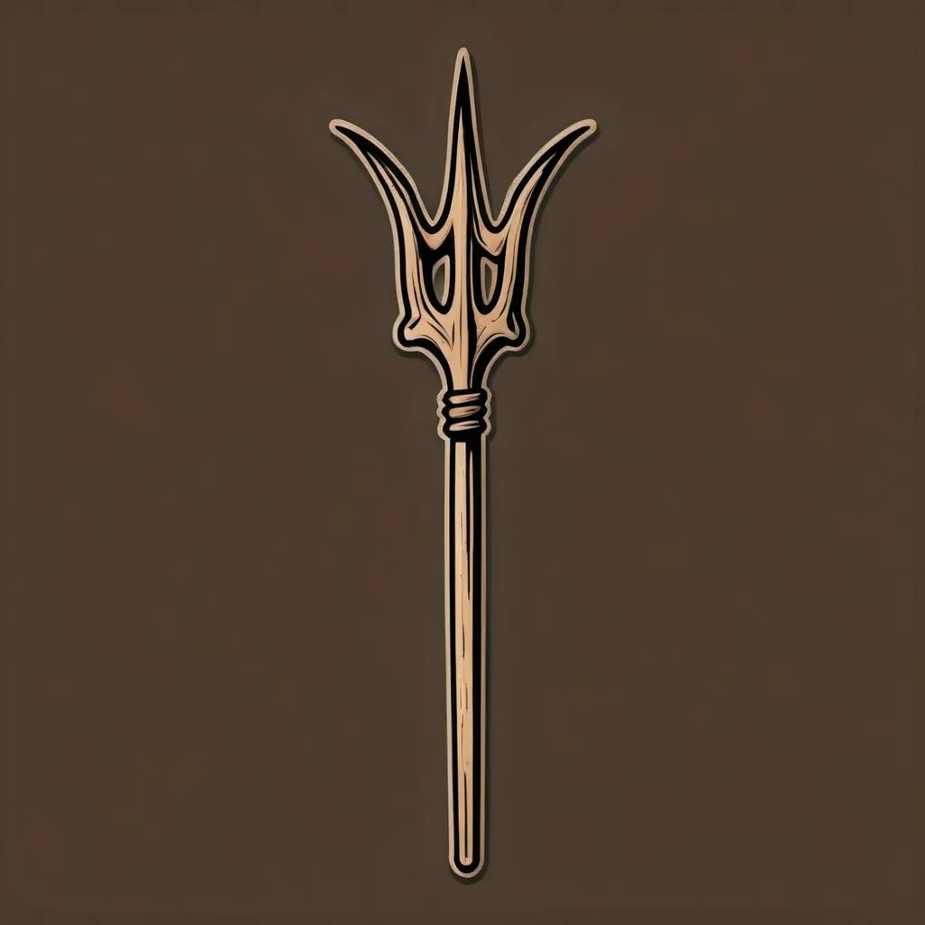 Prompt: die-cut sticker, Long wooden pitchfork Trident, vector t-shirt art, light brown background, single line drawing