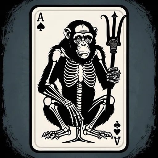 Prompt: Ace of spades playing card background with a Kneeling Chimpanzee Skeleton holding a long pitchfork trident