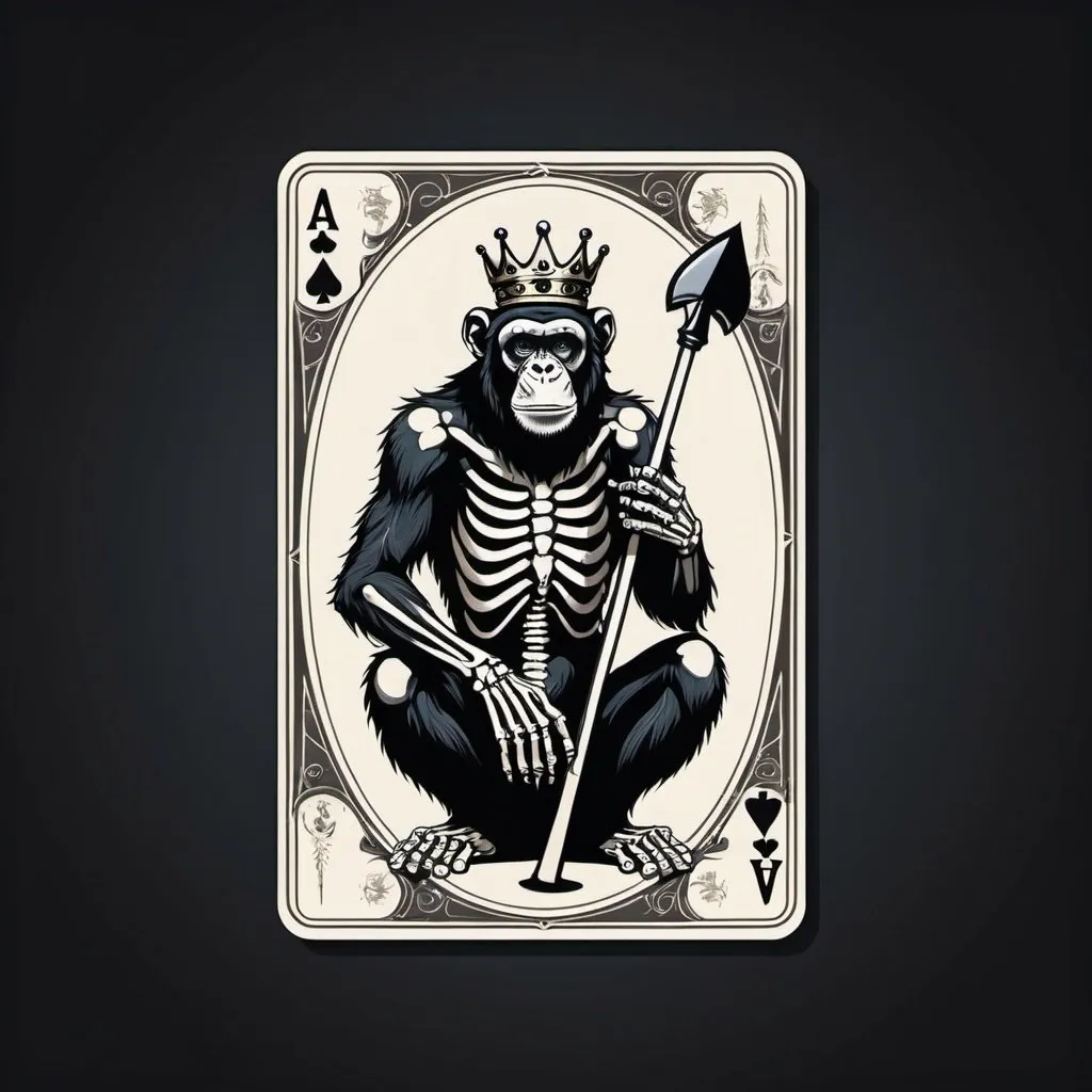 Prompt: Ace of spades playing card background with a simple skeleton chimpanzee kneeling down wearing a crown and holding a 3 prong trident pitchfork in his right hand