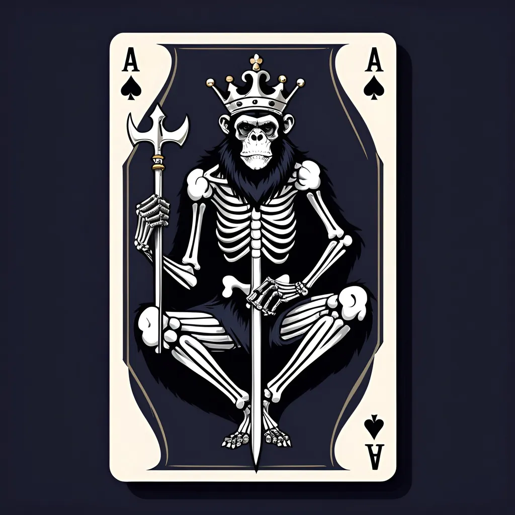 Prompt: Ace of spades playing card background with a simple evil skeleton chimpanzee on one knee wearing a crown holding a long trident that extends to the ground in his right hand. The trident should have 3 long prongs 