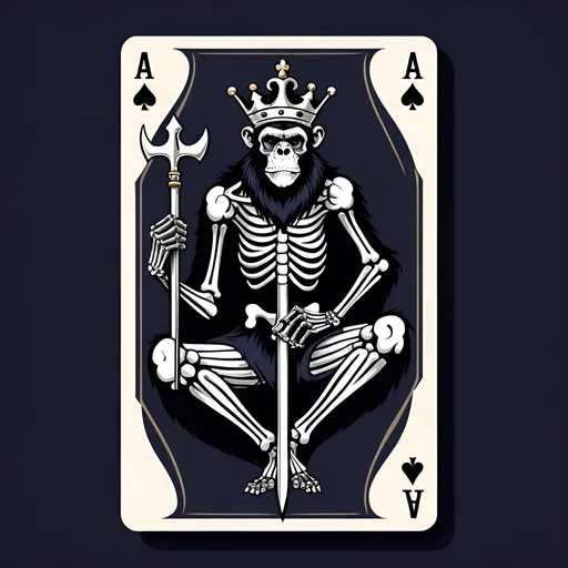 Prompt: Ace of spades playing card background with a simple evil skeleton chimpanzee on one knee wearing a crown holding a long trident that extends to the ground in his right hand. The trident should have 3 long prongs 